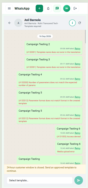 WhatsApp conversation with template delivery status