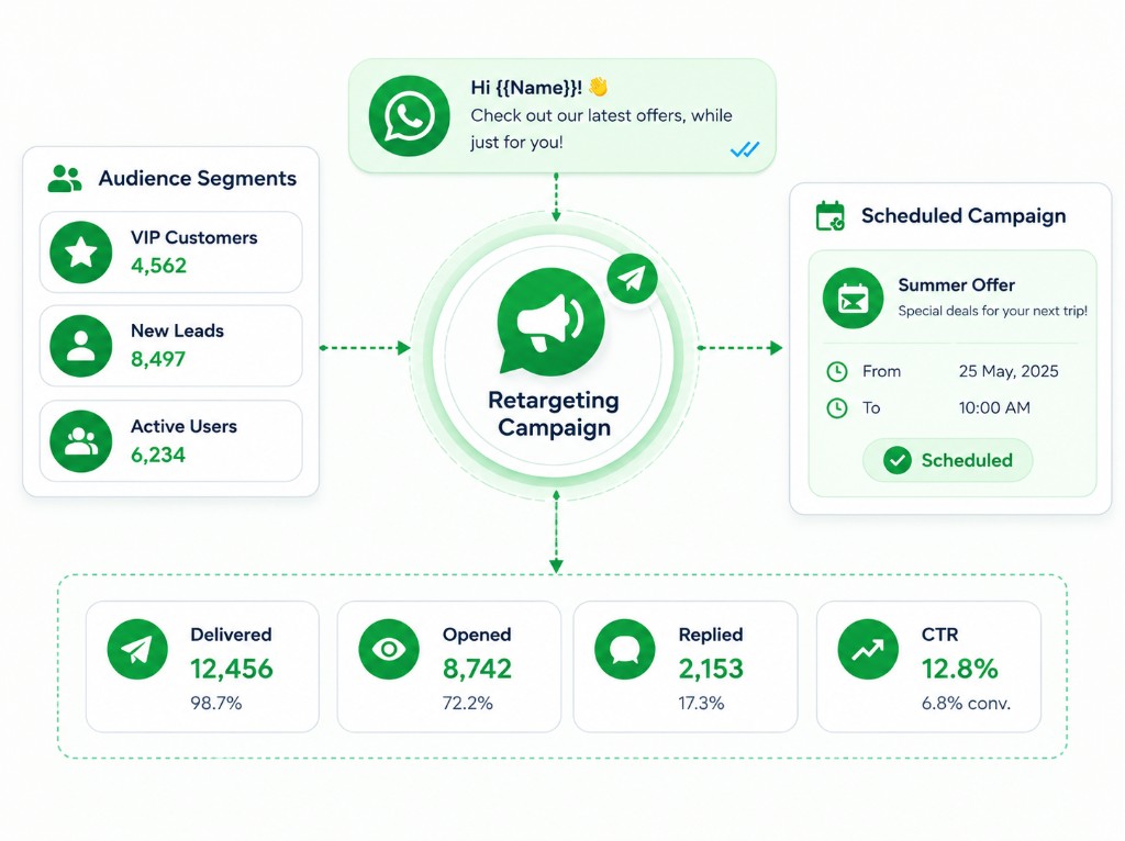 Retargeting campaign with audience segments, scheduled offer and delivery, open, reply and CTR stats